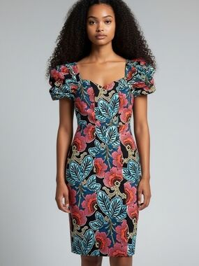 Ankara Wax Block Priny LIKE Puff-Sleeve Midi Dress in Multicolor Floral 4595